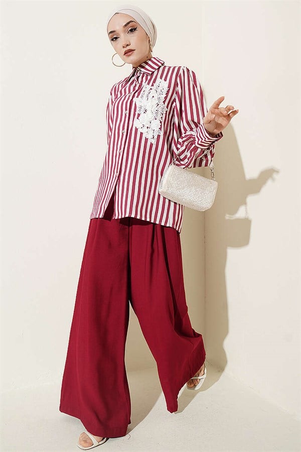 Striped Shirt with Lace Front, Burgundy
