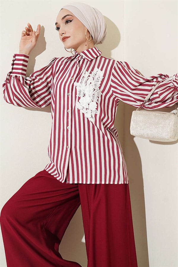 Striped Shirt with Lace Front, Burgundy