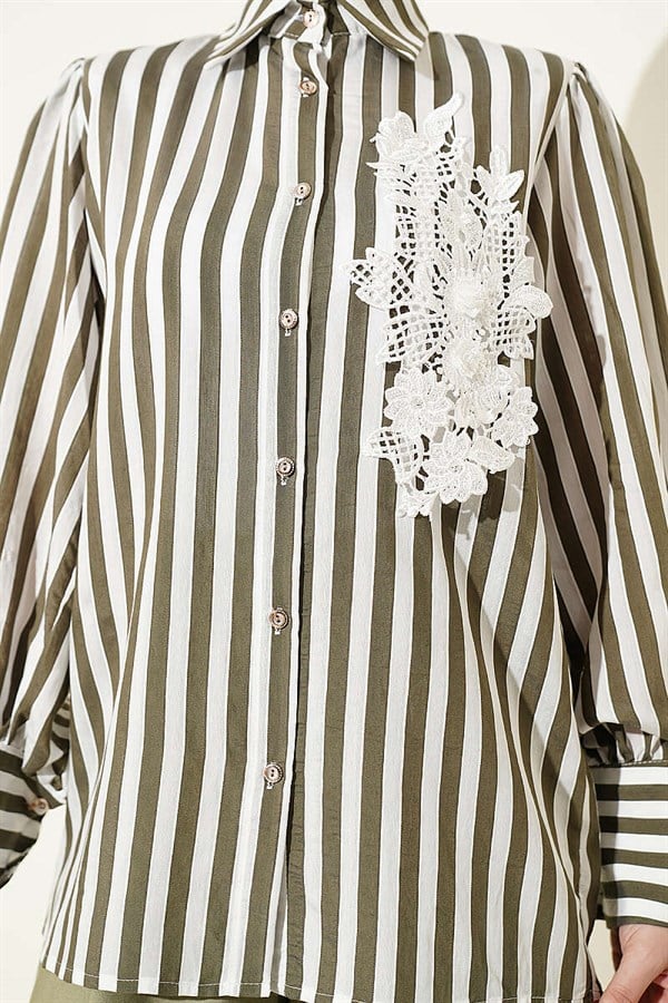 Striped Shirt with Lace Front, Khaki