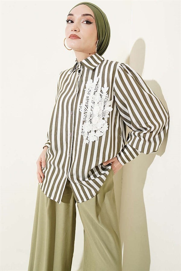 Striped Shirt with Lace Front, Khaki