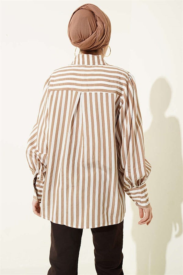 Striped Shirt with Lace Front Latte