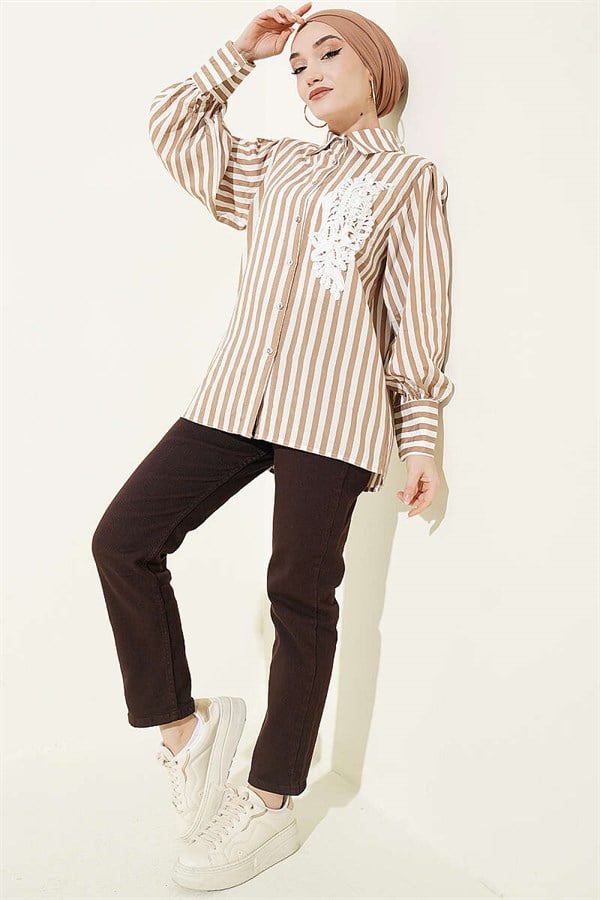 Striped Shirt with Lace Front Latte
