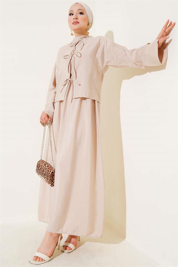 Lace-Up Front Double-Piece Vest Set Beige