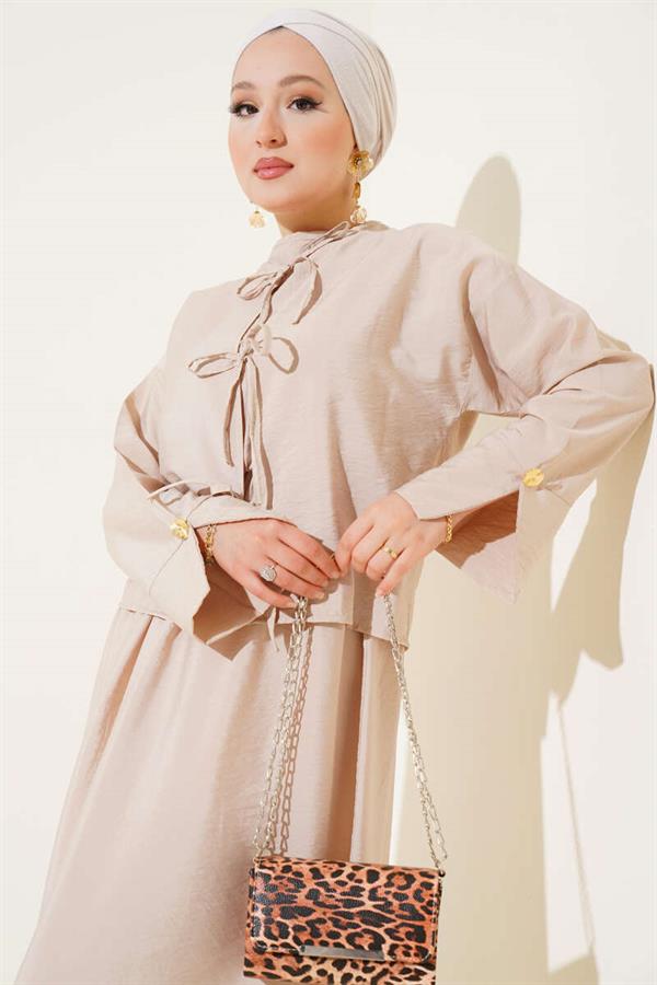 Lace-Up Front Double-Piece Vest Set Beige