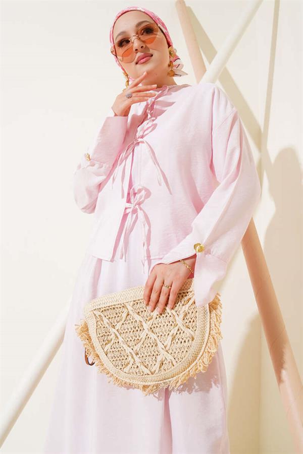 Lace-Up Front Vest 2 Piece Set Pink