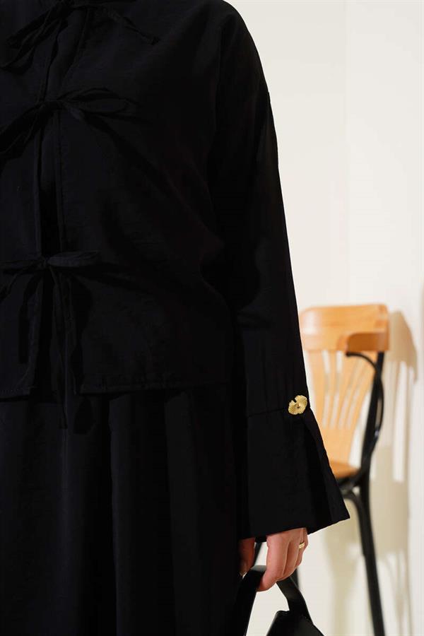 Lace-Up Front Vest 2 Piece Set Black