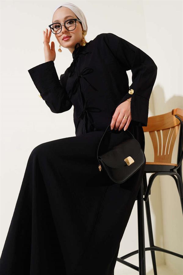Lace-Up Front Vest 2 Piece Set Black