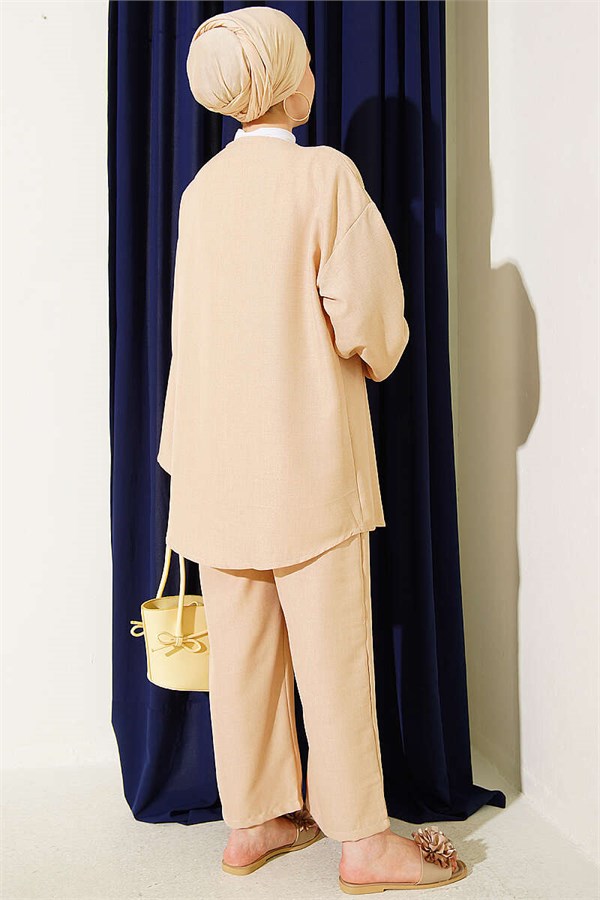 Two-Piece Kimono Set with Drawstring Front, Beige