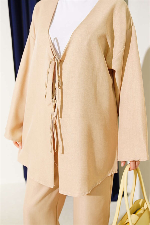 Two-Piece Kimono Set with Drawstring Front, Beige