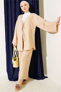 Two-Piece Kimono Set with Drawstring Front, Beige