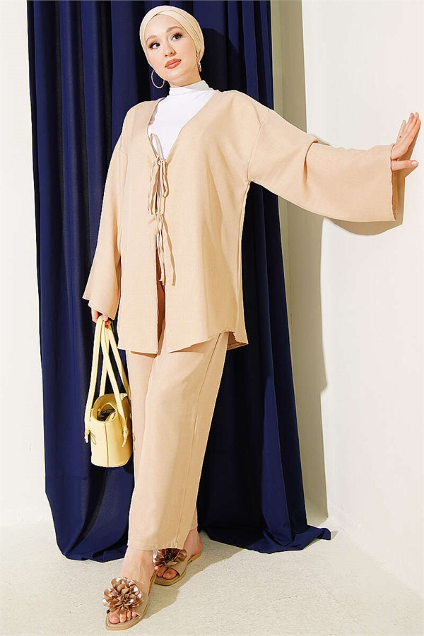 Two-Piece Kimono Set with Drawstring Front, Beige