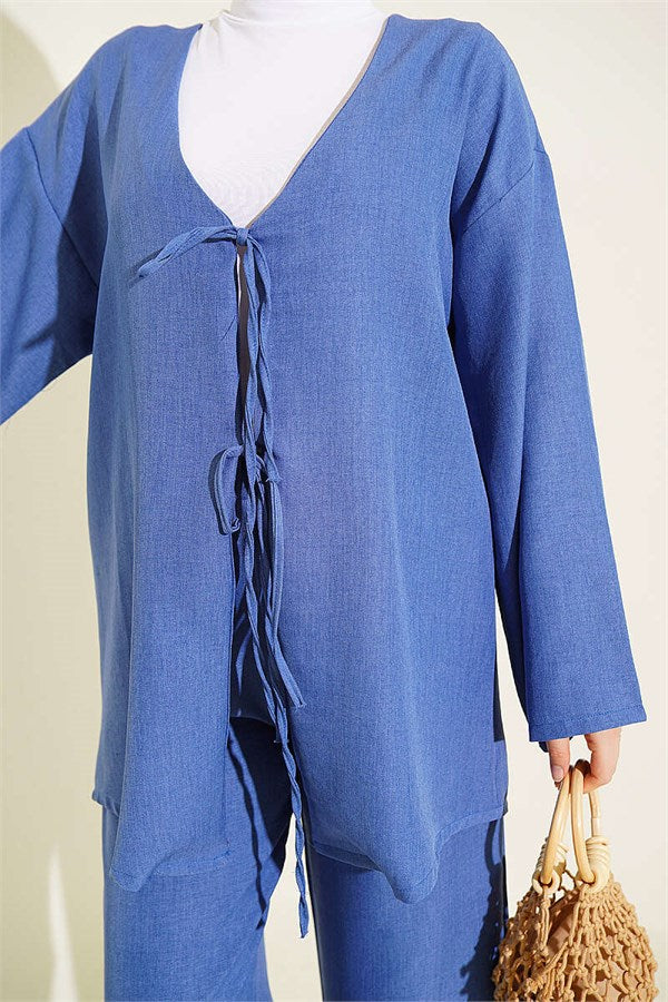 Two-Piece Kimono Set with Lace-Up Front, Indigo