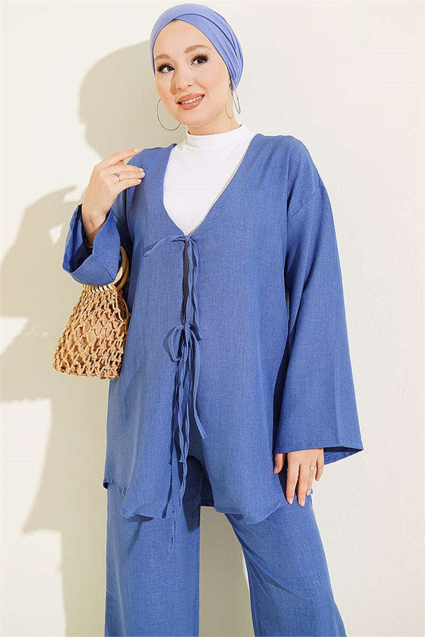 Two-Piece Kimono Set with Lace-Up Front, Indigo