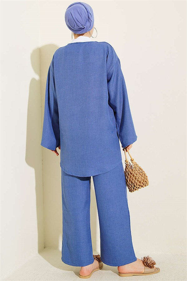 Two-Piece Kimono Set with Lace-Up Front, Indigo