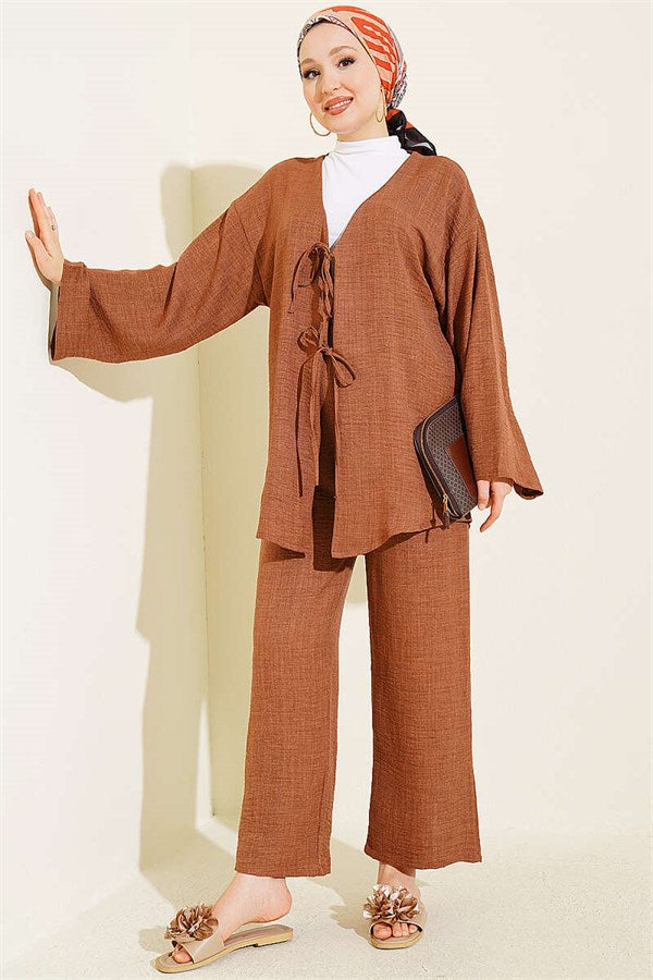 Two-Piece Kimono Set with Drawstring Front, Brown