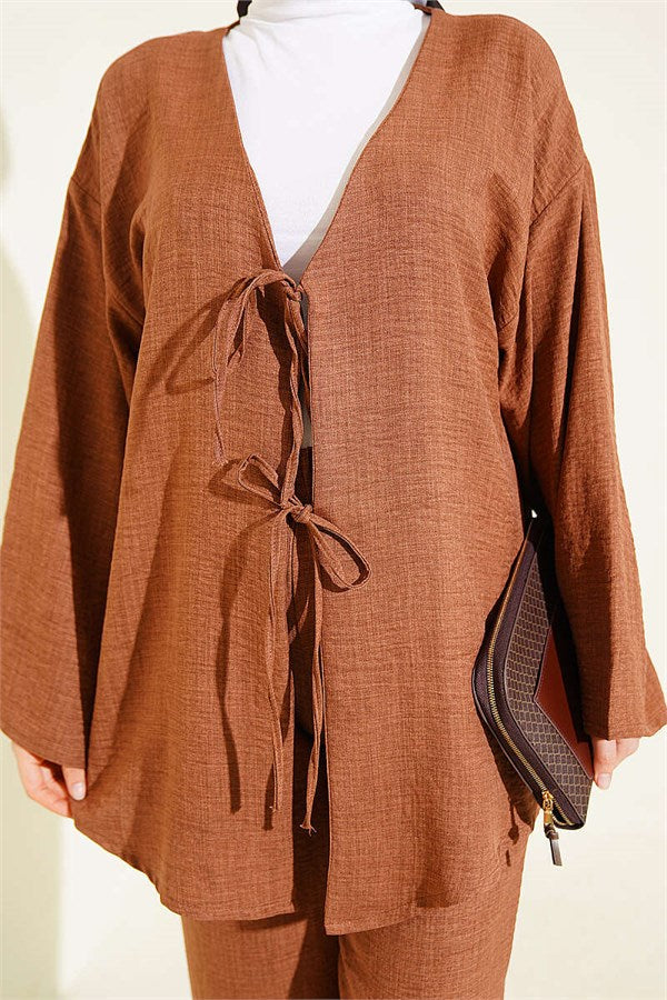Two-Piece Kimono Set with Drawstring Front, Brown