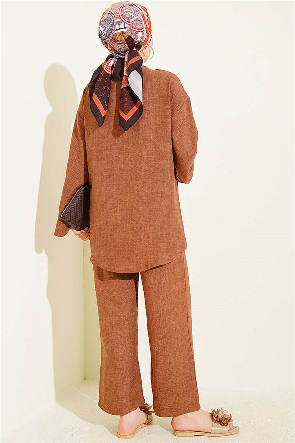 Two-Piece Kimono Set with Drawstring Front, Brown