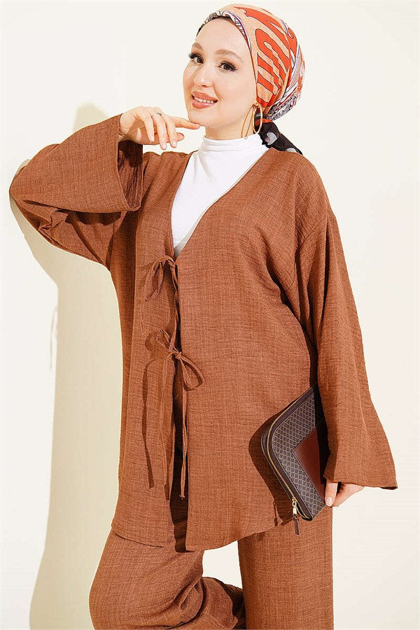 Two-Piece Kimono Set with Drawstring Front, Brown