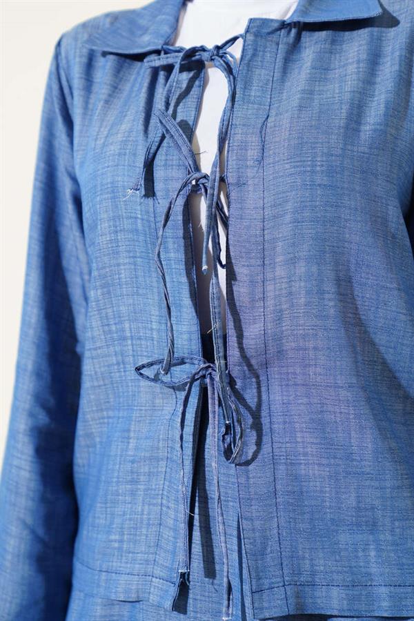 Front Rope Tied Tencel Skirt 2 Piece Set Suit Light Blue