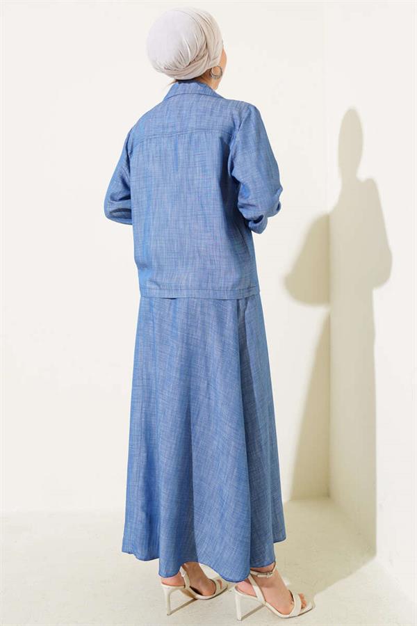 Front Rope Tied Tencel Skirt 2 Piece Set Suit Light Blue