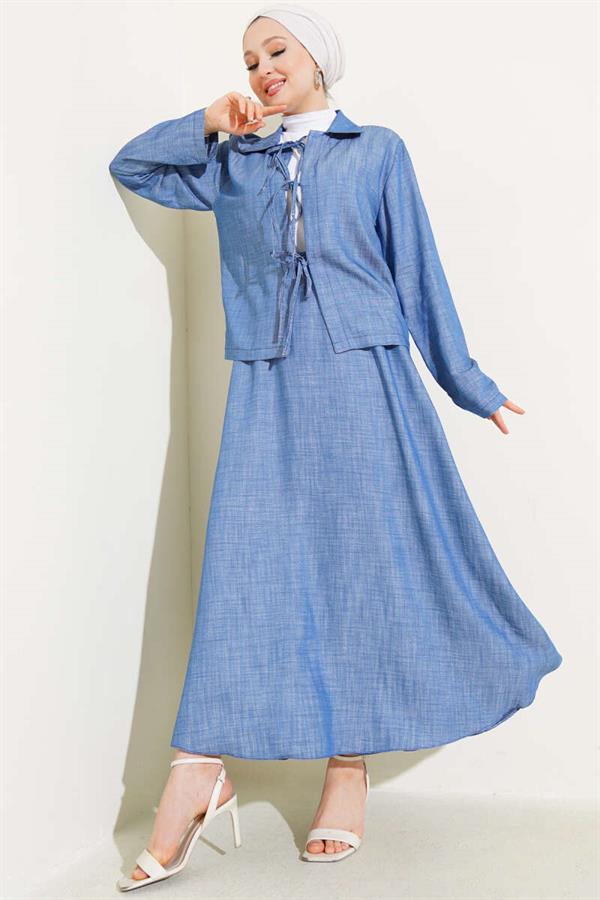 Front Rope Tied Tencel Skirt 2 Piece Set Suit Light Blue