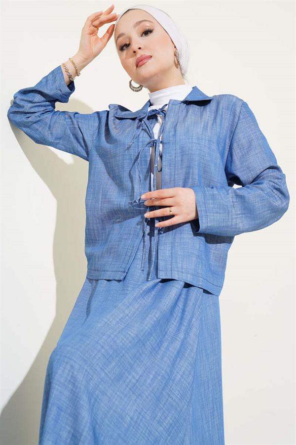 Front Rope Tied Tencel Skirt 2 Piece Set Suit Light Blue
