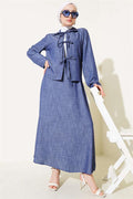 Front Rope Tied Tencel Skirt 2 Piece Set Suit Navy Blue