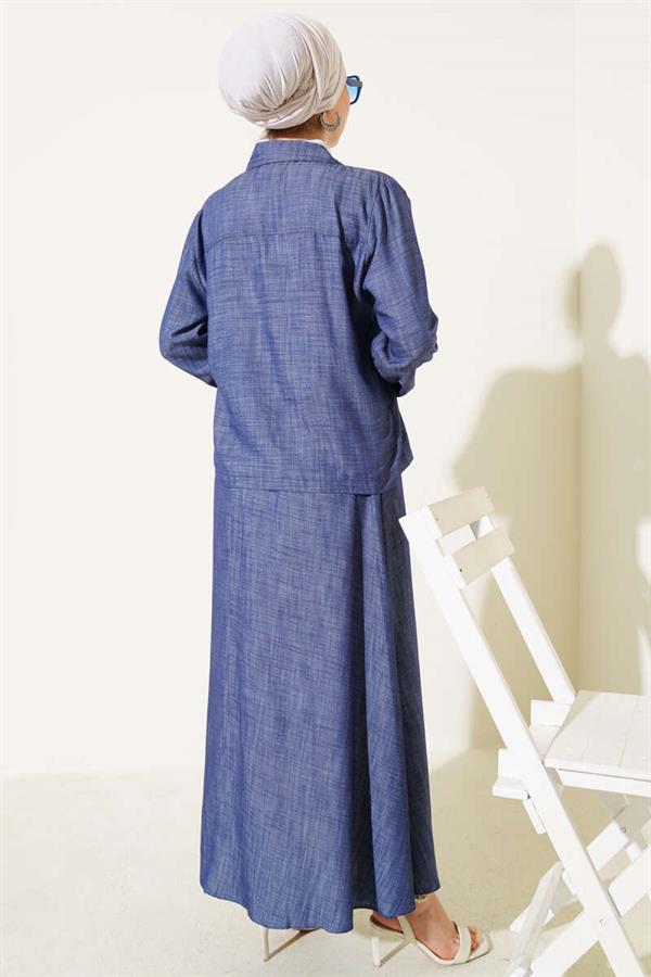 Front Rope Tied Tencel Skirt 2 Piece Set Suit Navy Blue