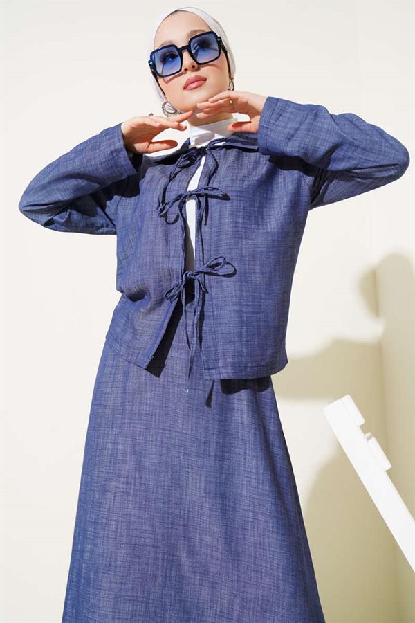 Front Rope Tied Tencel Skirt 2 Piece Set Suit Navy Blue