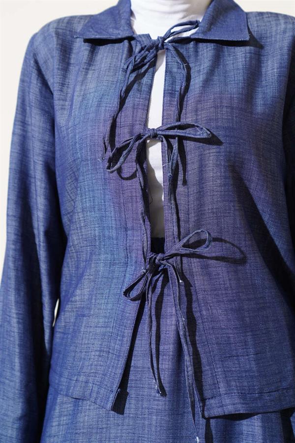 Front Rope Tied Tencel Skirt 2 Piece Set Suit Navy Blue