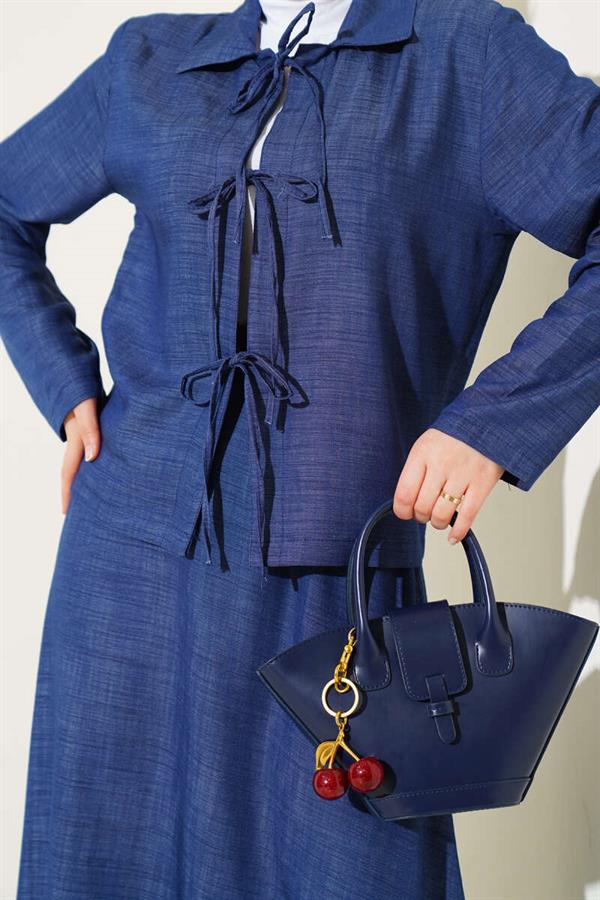 Front Rope Tied Tencel Skirt 2 Piece Set Suit Blue