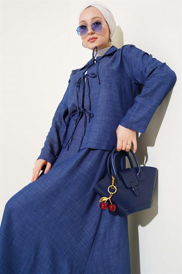 Front Rope Tied Tencel Skirt 2 Piece Set Suit Blue