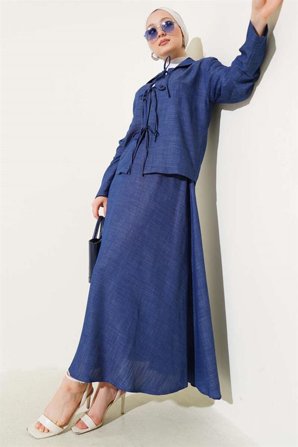 Front Rope Tied Tencel Skirt 2 Piece Set Suit Blue