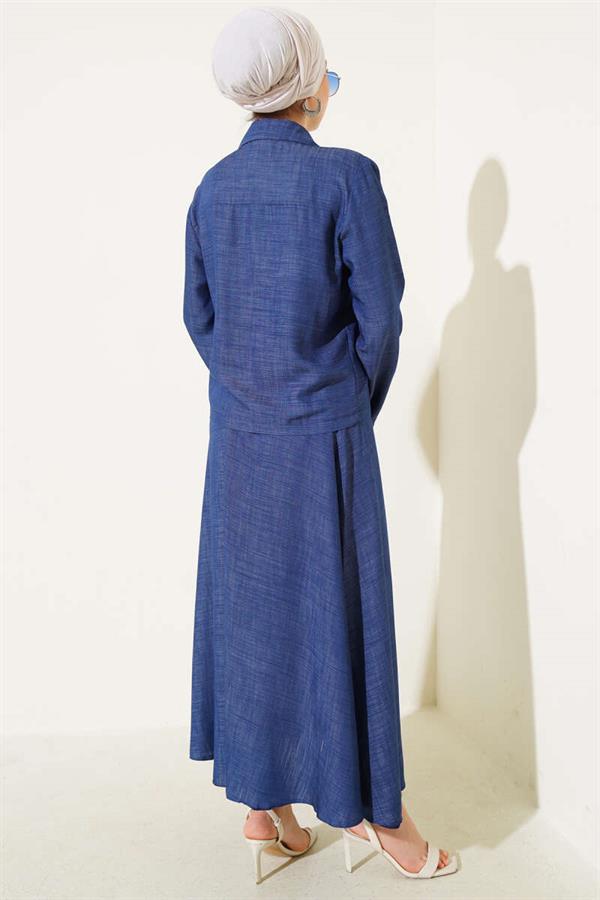 Front Rope Tied Tencel Skirt 2 Piece Set Suit Blue