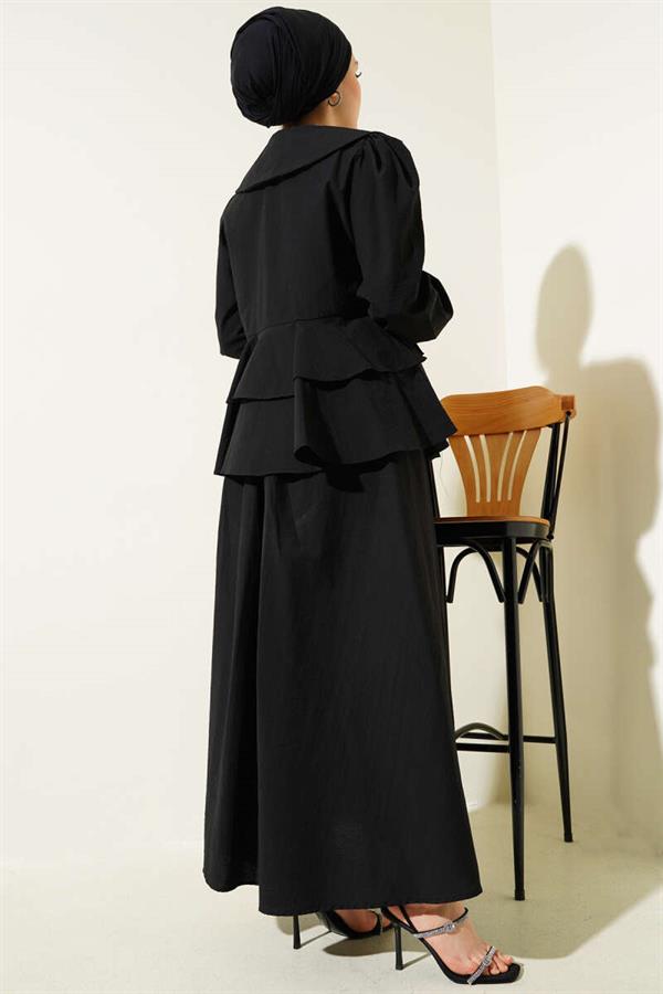Front Rope Tied Blouse Skirted 2 Piece Set Black