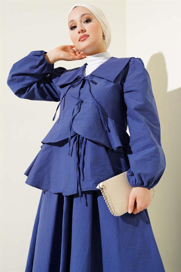 Indigo Double-Piece Blouse and Skirt Set with Rope Front