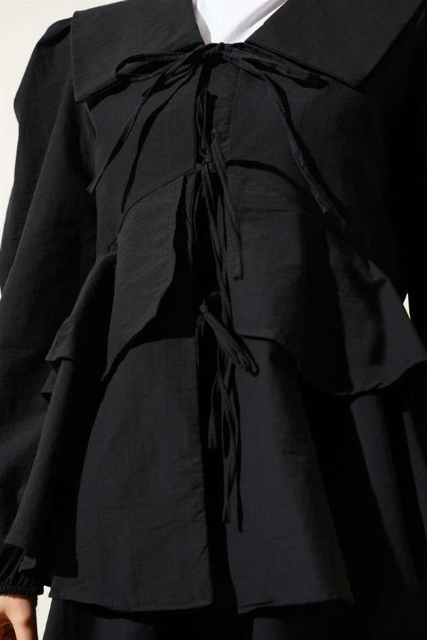 Front Rope Tied Blouse Skirted 2 Piece Set Black