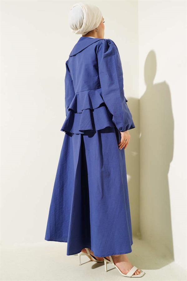 Indigo Double-Piece Blouse and Skirt Set with Rope Front