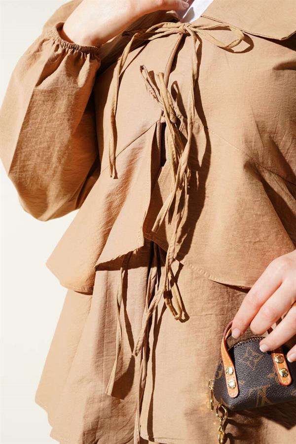 Front Rope Tied Blouse Skirted 2 Piece Set Camel
