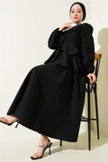 Front Rope Tied Blouse Skirted 2 Piece Set Black