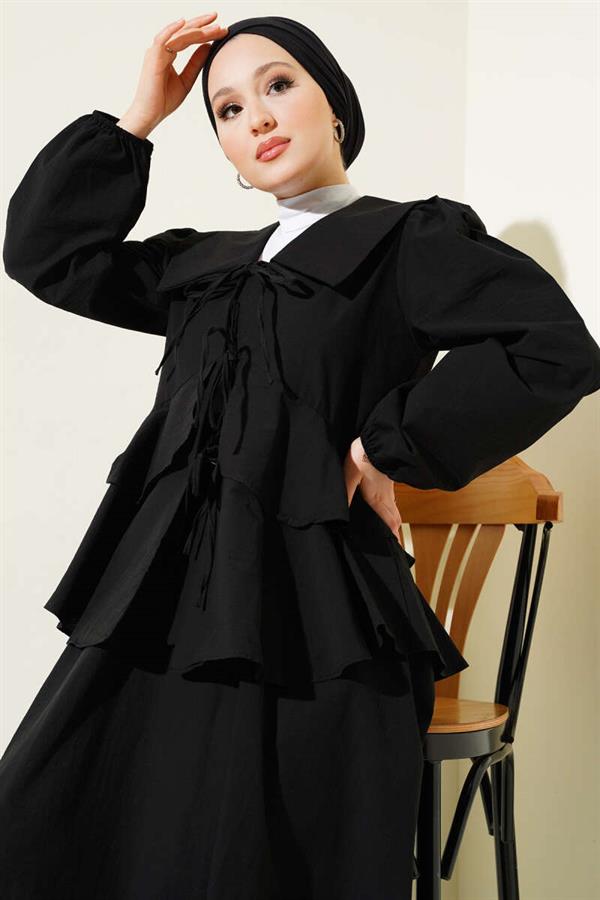 Front Rope Tied Blouse Skirted 2 Piece Set Black