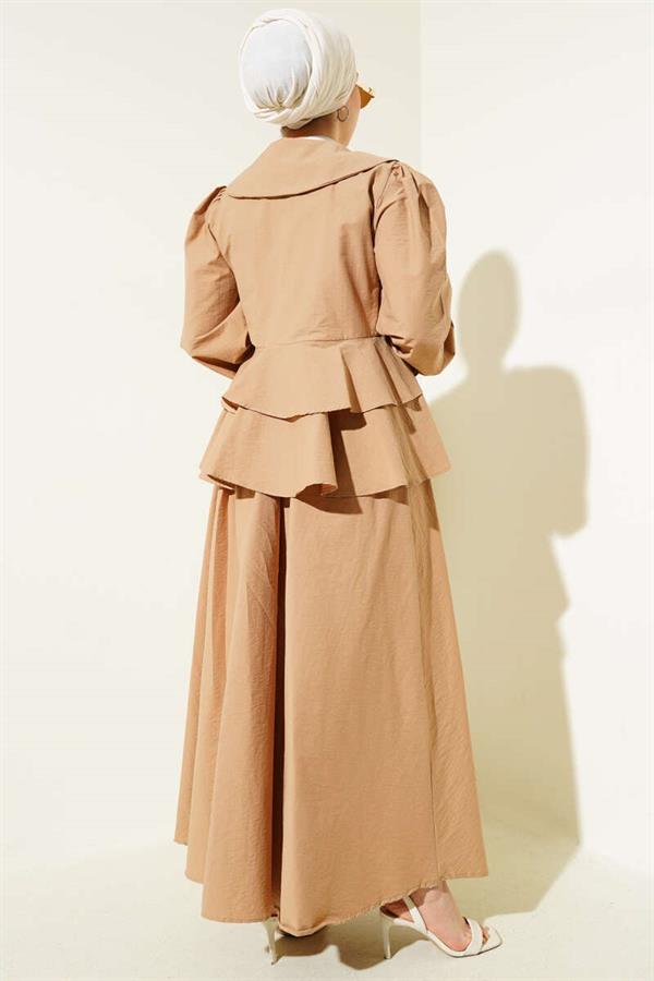 Front Rope Tied Blouse Skirted 2 Piece Set Camel