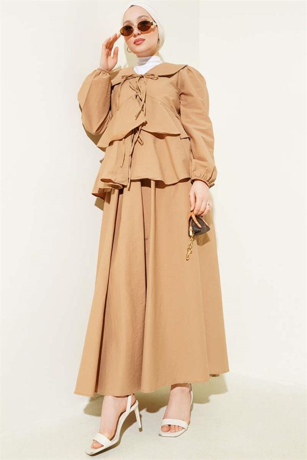 Front Rope Tied Blouse Skirted 2 Piece Set Camel
