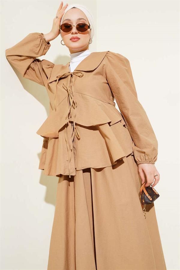 Front Rope Tied Blouse Skirted 2 Piece Set Camel
