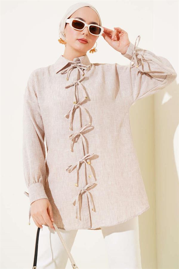 Front Rope Tie Shirt Beige