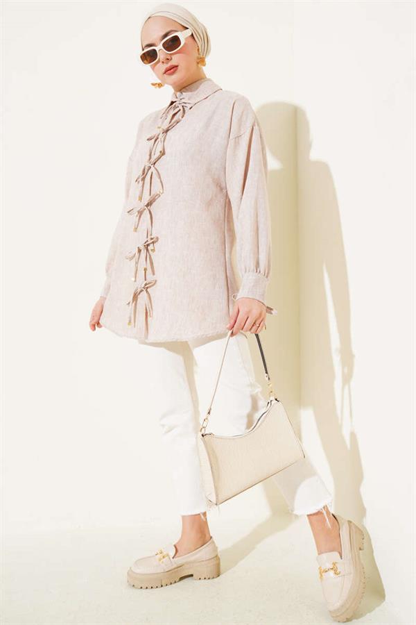 Front Rope Tie Shirt Beige