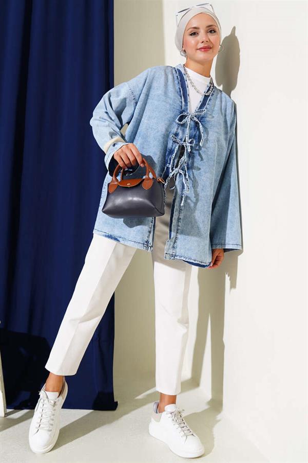 Denim Kimono with Rope Front and Medium Blue