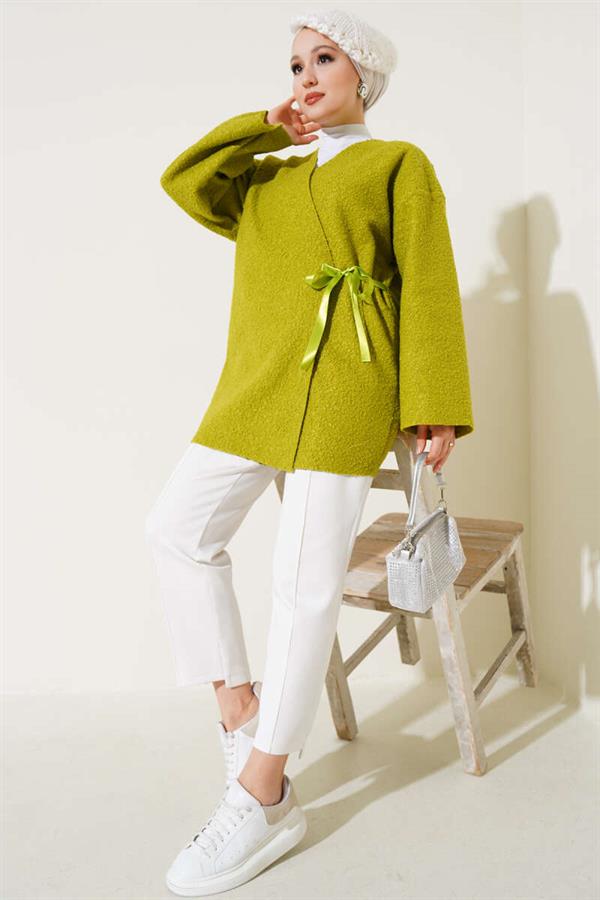 Ribbon Front Boucle Jacket Oil Green