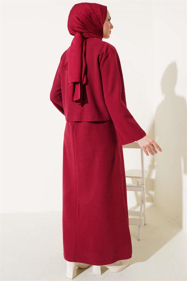 Front Mini Buttoned Dress 2 Piece Set Burgundy