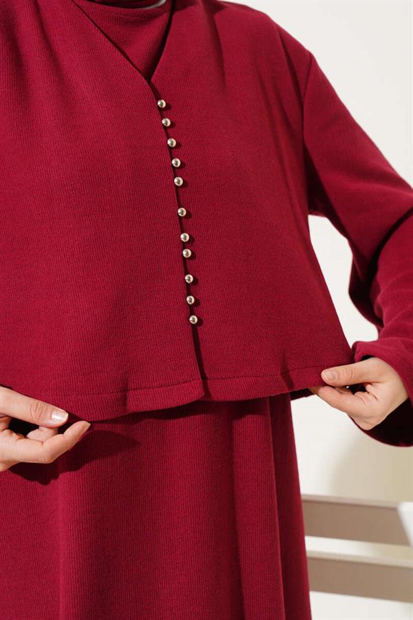 Front Mini Buttoned Dress 2 Piece Set Burgundy